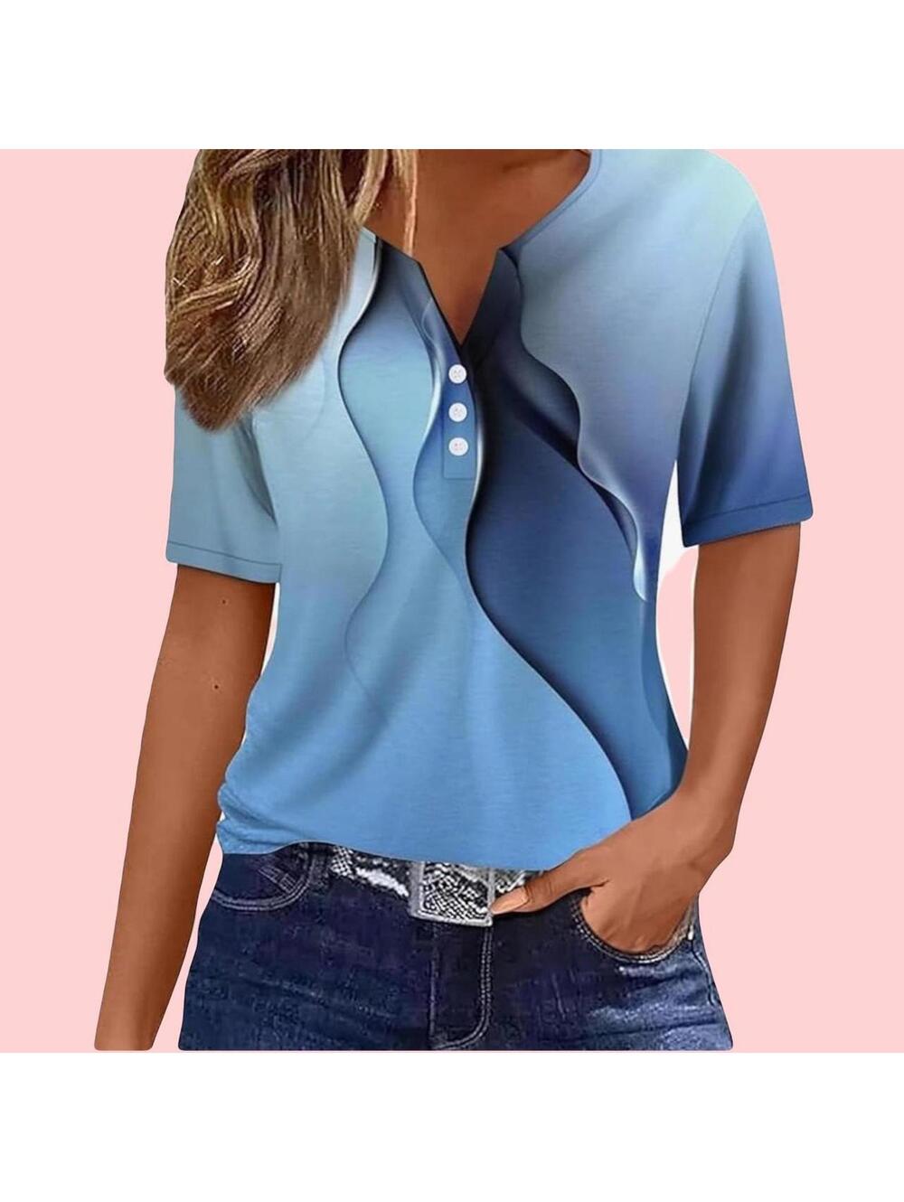 Blue short sleeve casual t-shirt with buttons